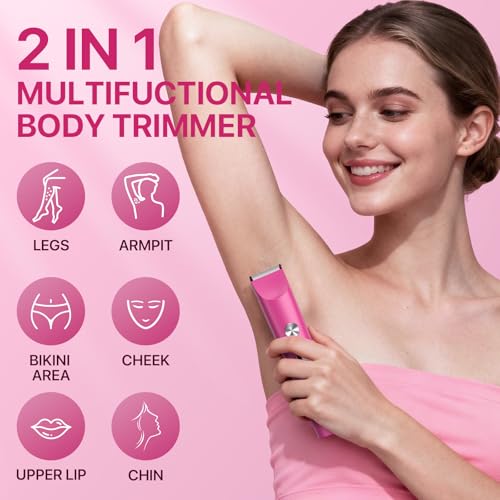Image of Bikini Trimmer for Women, Rechargeable 2-in-1 Electric Razor for Shower& Travel, IPX7 Waterproof Painless Hair Removal for Bikini Line, Legs, Underarms, Wet & Dry Cordless Ceramic Blade, Pink