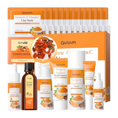 21Pcs Turmeric & Vitamin C Skincare Set, Facial Skin Care Routine Set Kit with Serum, Facial Oil, Soap Bar, Mud Mask, etc, Even Skin Tone, Reduce Acne, Moisturizing Women Mother's Day Gift