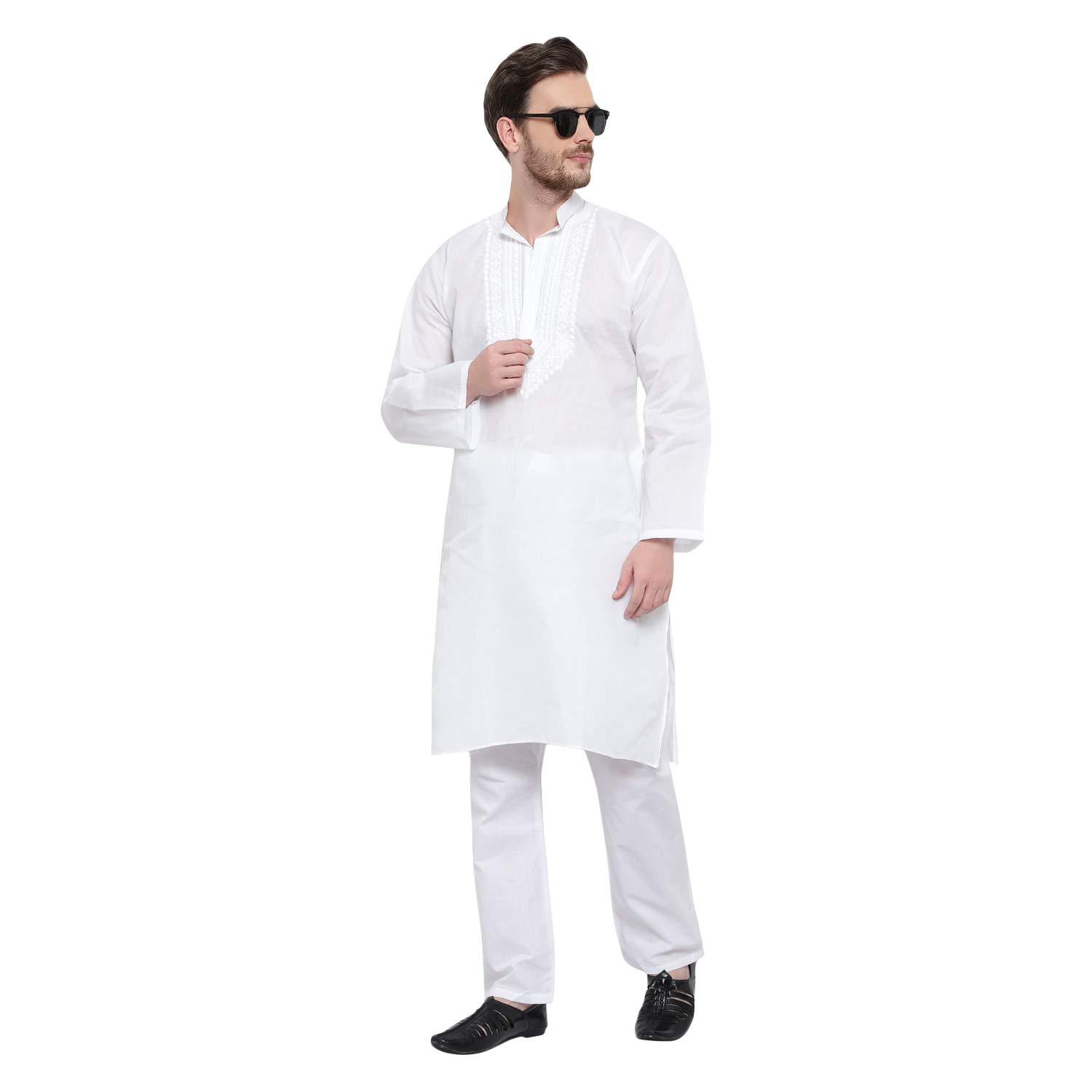 Lucknow Chikan Men's White Pure Cotton Kurta Pajama Set, Full Booty-image-10