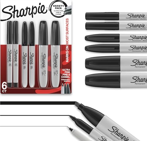 Sharpie Permanent Markers Variety Pack, Includes Chisel, Fine, and Ultra-Fine Tips, Black, 6 Count...