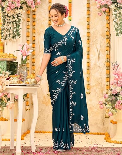 Image of SIRIL Women's Shimmer Georgette Embroidery & Scalloped Border Saree With Unstitched Blouse Piece