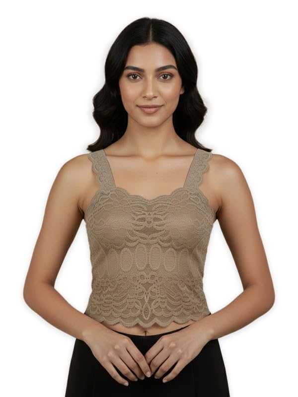 Women’s Lace Crop Top with Scalloped Straps – Olive Green Sleeveless Stretch Camisole for Casual, Party & Evening Outfits-image-13