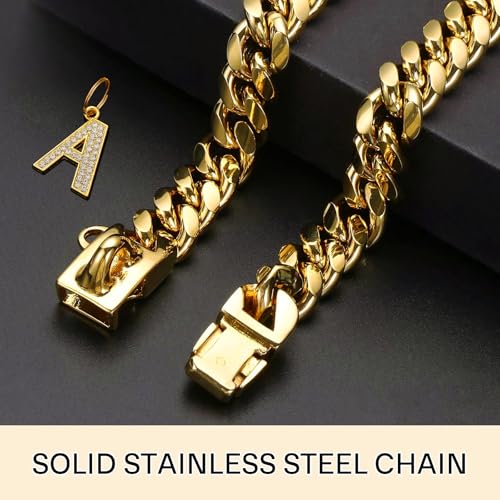 15mm breite goldene Hundekette mit Anhänger,18K vergoldete Edelstahl-Walking-Ketten aus kubanischen Gliedern,Starke,kausichere Halsbänder für kleine und mittelgroße Hunde (50cm)