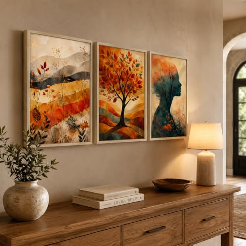 Image of Livin'luxe Set of 3 Abstract Autumn Tree Women Wall Paintings for Living Room Dining Bedroom Decor with Premium Wooden Color Synthetic Frame (25.5 x 19.5 Inch) NM03-89