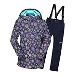 Sehr warm, hohe Qualität LSERVER Mädchen Skianzug Wasserdicht Winddicht Zwei teilig Skijacke + Skihose, Top + Dunkelblaue Hosen, 158/164
