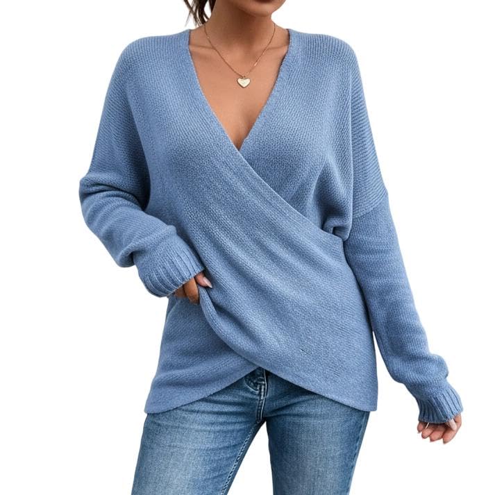 Womens Deep V Neck Wrap Knit Sweater Lightweight Long Sleeve Cross Front Loose Fit Fall Winter Pullover Sweaters
