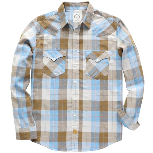 Dubinik® Flannel Shirt for Men Western Cowboy Pearl Snap Shirts for Men Long Sleeve Vintage Buttons Down Plaid Shirt