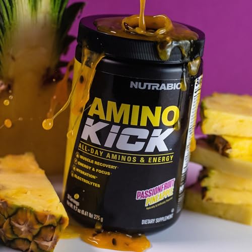 Image of NutraBio Amino Kick - BCAA Powder with Natural Caffeine - Amino Acids Supplement for Energy, Hydration & Recovery - BCAAs, Electrolytes & Amino Acids - Pineapple Passionfruit, 30 Servings