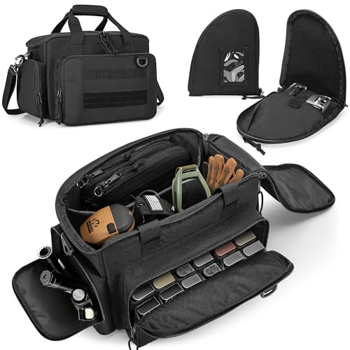 GOBUROS Taktische Schießstandtasche für 2 Handfeuerwaffen und Munition, Pistolentasche mit 12 Magazinfächern, Waffentragetasche mit abschließbaren Reißverschlüssen und gepolstertem Schultergurt