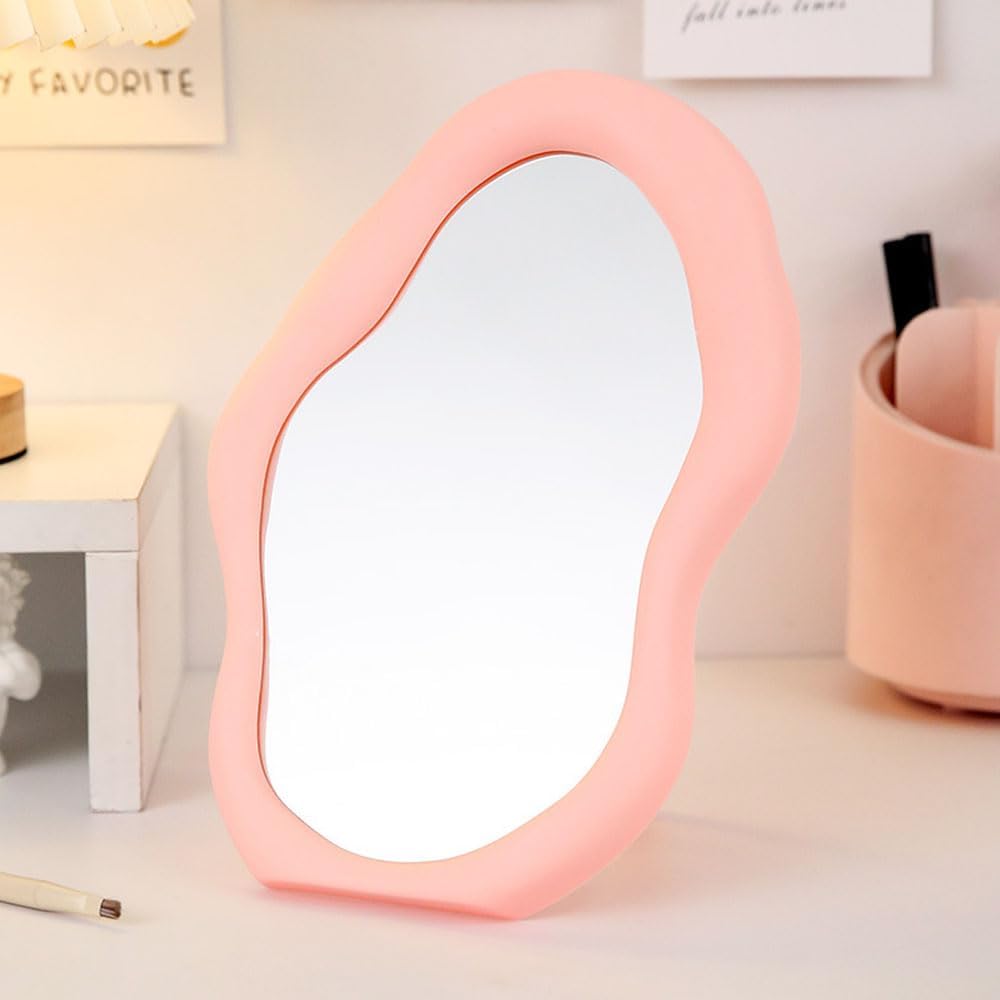 Hosoncovy Desktop Mirror with Stand Irregular Formed Countertop Make-up Mirror Vainness Mirror Beauty Mirror Ornamental Mirror Wall Hanging Mirror (Pink)
