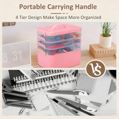 Image of Gifhomfix 4-Layer Plastic Craft Organizers and Storage Box with Removable Trays, Storage Containers with lids and Handle, Art Supply Storage Organizer for Organizing Bead, Sewing, Tool(Pink)