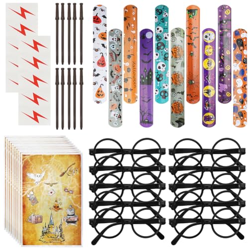 CEWROM Magic Wizard Party Lot de 50 petits cadeaux d'anniversaire d'enfant avec baguette magique, stylos, lunettes, tatouages temporaires, sacs, bracelets Slap pour décoration de fête