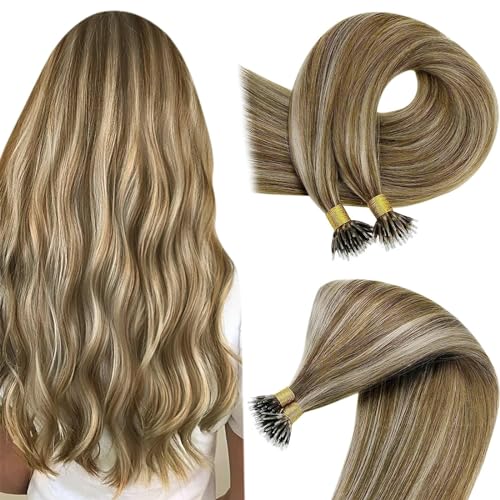 Easyouth Nano Hair Extensions Human Hair Highlight Brown Hair Extension Nano Human Hair Medium Brown with Honey Blonde Nanobeads Hair Extensions Real Human Hair Cold Fusion 14 Inch 50g/50s #P4/27