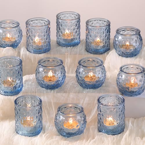 DARJEN 12Pcs Blue Votive Candle Holders- Glass Candle Holder for