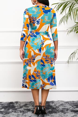 Runwind Women's Midi Dress,3/4 Sleeves V Neck Cocktail Party Dress Curvy Wrap Sexy Geometric Pattern Dresses with Belt3