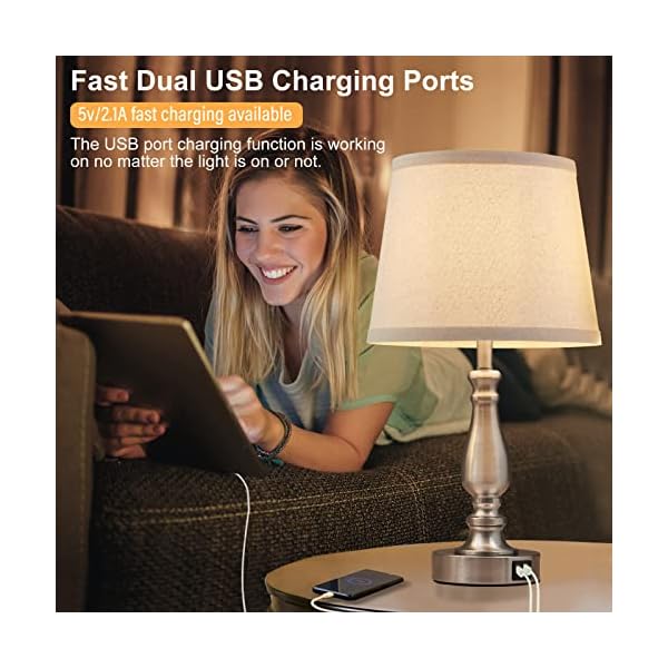Lamps for Bedrooms Set of 2, Brushed Nickel Bedside Lamps with USB C+A Ports, 3 Way Dimmable Nightstand Lamps with Fabric Lampshade, Touch Table Lamp for Living Room Bedroom Office, Bulbs Included - Image 5