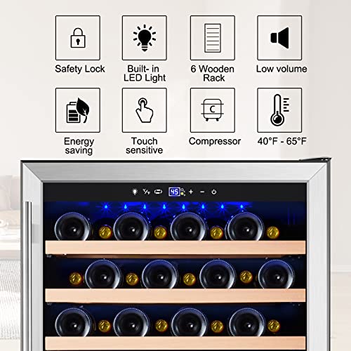 Image of Tylza 24 Inch Wine Fridge, 54 Bottles Wine Refrigerator, Under Counter or Freestanding, 40-65F, Lock, Double Layer Tempered Glass Door, Wine Cooler Refrigerator with Adjustable Wooden Shelves