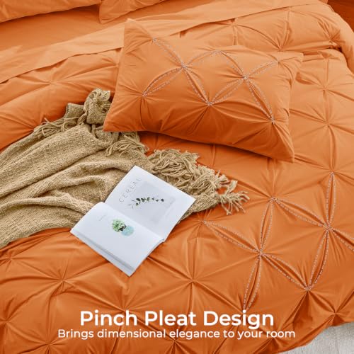 Image of Sasttie Queen Comforter Set, 7-Piece Bed in a Bag, Pintuck Bedding Sets for All Season, Includes Comforter, Flat Sheet, Fitted Sheet, Pillowcases and Pillowshams, Coral Orange