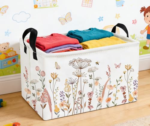 Image of Essme Rectangular Flower Basket, Storage Bins Organizer with Handles for Girls Room Decor, Gift Basket,Shelf Basket.(Beautiful Flowers)