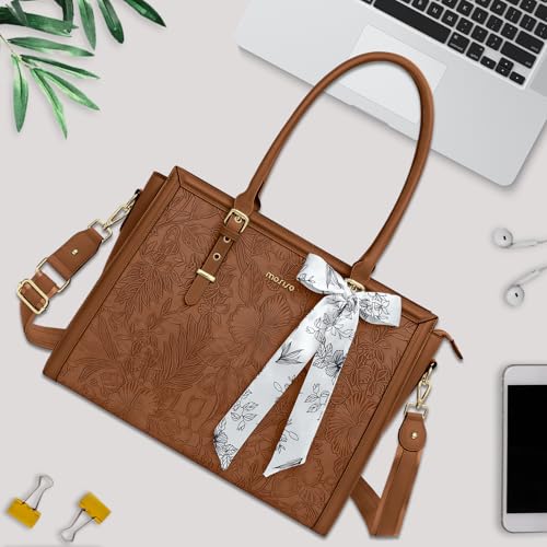 Image of MOSISO Laptop Bag for Women, PU Leather Tote Bag, Front Embossed Retro Hibiscus Computer Bags with Silk Scarf&Clutch Purse