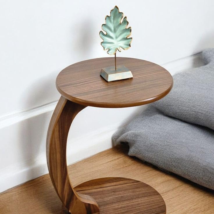 Image of C Shaped Wooden Sofa Side Table for Living Room | Multipurpose Laptop Table for Couch Bed & Recliner | Space Saving Portable End Table | Modern Furniture for Home & Office Use Natural Brown