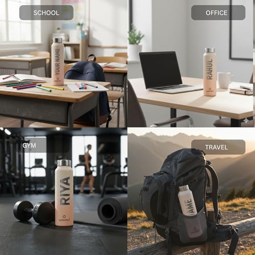Image of Speedex Customised Engraved Name Stainless Steel Water Bottle 1 Ltr - Personalised Screw Cap Bottle for Kids, Men & Women, School, Office, Gym, Peach Orange, Set of 1