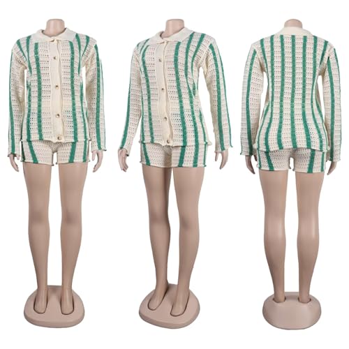 Image of Womens Fashion Stripe Knit Sweater Cardigan 2 Piece Outfits,Long Sleeved Woollen Cardigan and Shorts Suit