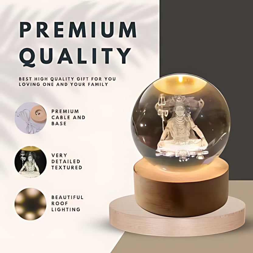Image of ANTORCHE Shiva 3D Crystal Ball Warm LED Night Lamp with Wooden Base | Spiritual Home Decor Light | Ideal Gift for Office, Pooja Room, Bedroom & Festivals