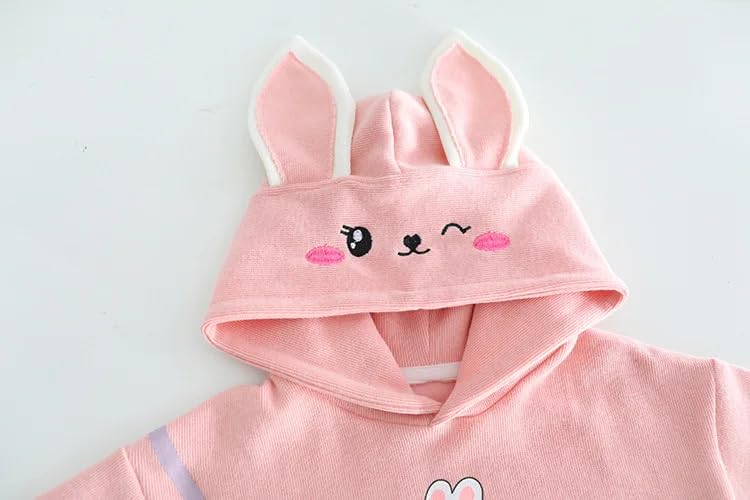 Image of Bold N Elegant Girl's Denim Solid Full Sleeve Bunny Print Sweatshirt Hoodie And Jeans With Frayed Hem
