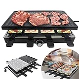 yrhome griglia per raclette per 8 persone, con piastra in pietra e piastra per barbecue, 1400 w, 8 padelle e spatole in legno, temperatura regolabile, per interni