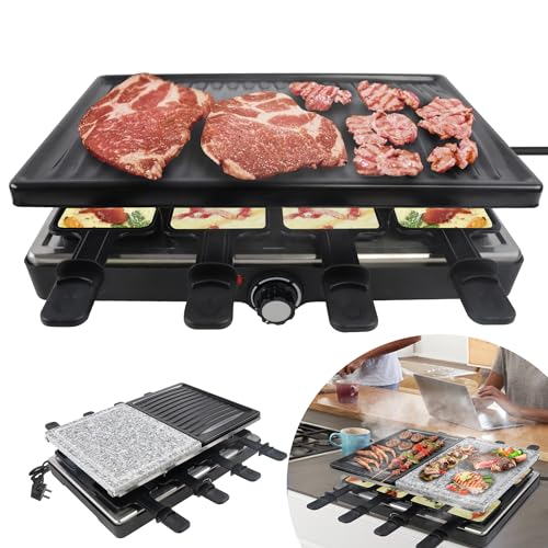 Griglia per raclette per 8 persone, con piastra in pietra e piastra per barbecue, 1400 W, 8 padelle e spatole in legno, temperatura regolabile, per interni