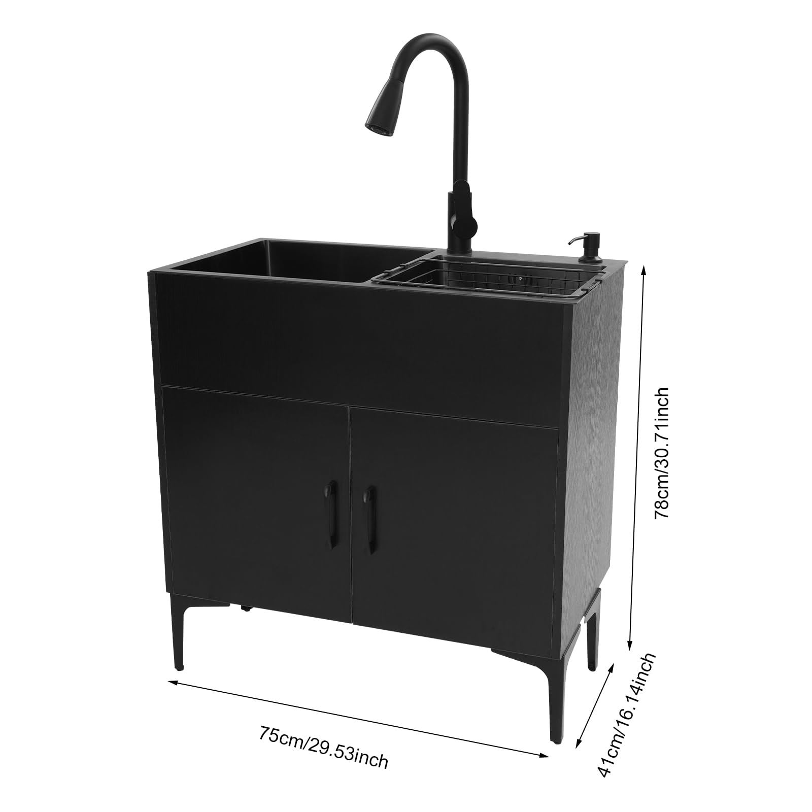 Spültisch 75 cm Breit Küche Spüle mit Unterschrank 2 Becken Ausziehbar Küchenarmatur Abtropffläche Seifenspender Abflussrohr Abflusssieb 360° Drehbarer Wasserhahn
