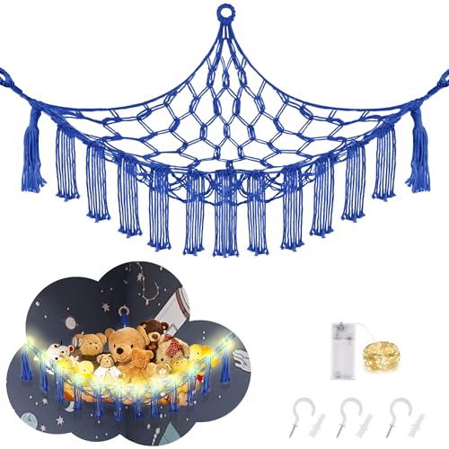 Image of CERETIA Stuffed Animal Hammock with LED Light, Large Stuffed Animals Storage Corner Plushie Net for Kids Room Decor, Jumbo Royal Blue