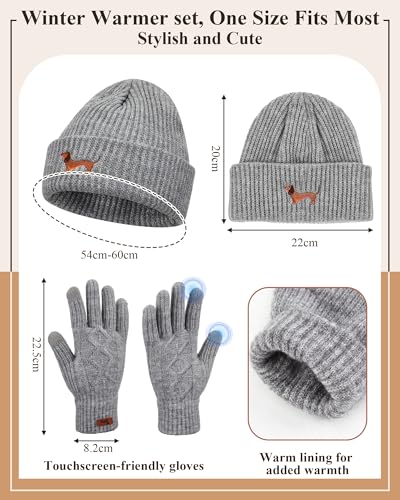 Geyoga Dackel Motiv Geschenke für Frauen Mütze Handschuh Sets Warme Strickmütze Winter Beanie Mütze Strickhandschuhe Fleecehandschuhe Geschenk für Hundebesitzer(Grau,Dackel)