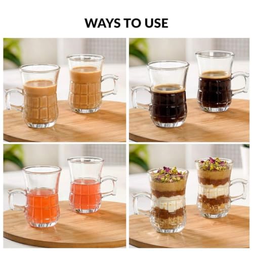 Image of Nestasia Set of 6 Transparent Glass Tea Cups (150ml Each) - Checkered Embossed Durable & 100% Food-Safe Coffee Mugs | Perfect for Coffee, Tea, Hot & Cold Beverages