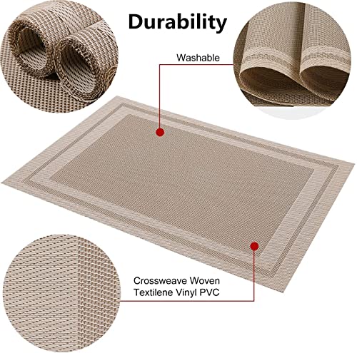 Image of Placemats, Washable PVC Table Mats, Woven Vinyl Placemat for Dining Table Place Mats Set (6 Placemats and 1 Table Runner, Beige-Frames)