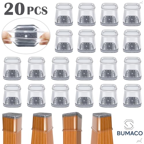 Image of BUMACO Chair Leg Floor Protectors Square Chair Leg Protectors for Hardwood Floors Silicone Pads Covers to Protect Floors(Clear-20 Pcs, Square L (1.02 inch-1.6 inch)