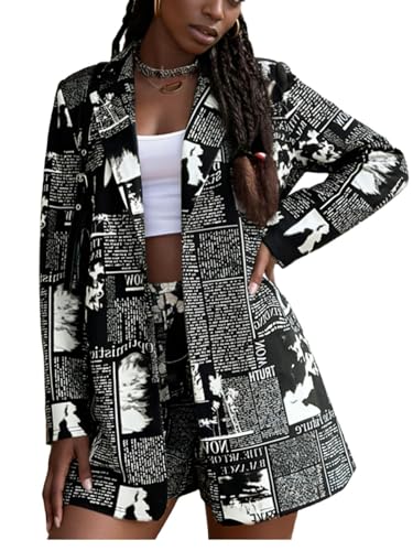 WDIRARA Women's Newspaper Print Single Button Blazer Lapel Collar Long Sleeve Work Office Jacket Dark Black White X-Large