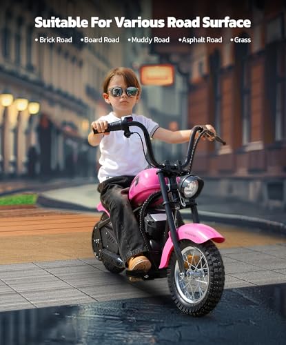 Image of ELEMARA Electric Dirt Bike, 15 mph & 150lb Max, 24V Ride on Toy for Big Kids w /LED Lights & Power Display,Chain-Driven Motor,Twist-Grip Throttle, Shock Springs,Handbrake,12 inch Air-Filled Tires-Pink