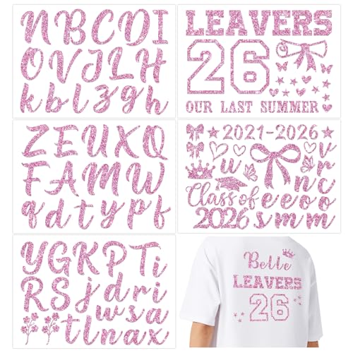 DOORIO 5 Sheets 2026 Leavers Iron on Transfers Class of 2026 Transfer Names Glitter DIY Leavers Shirt Decoration Graduation Transfers for Clothing T-Shirts Backpacks Jerseys (Dark Pink)