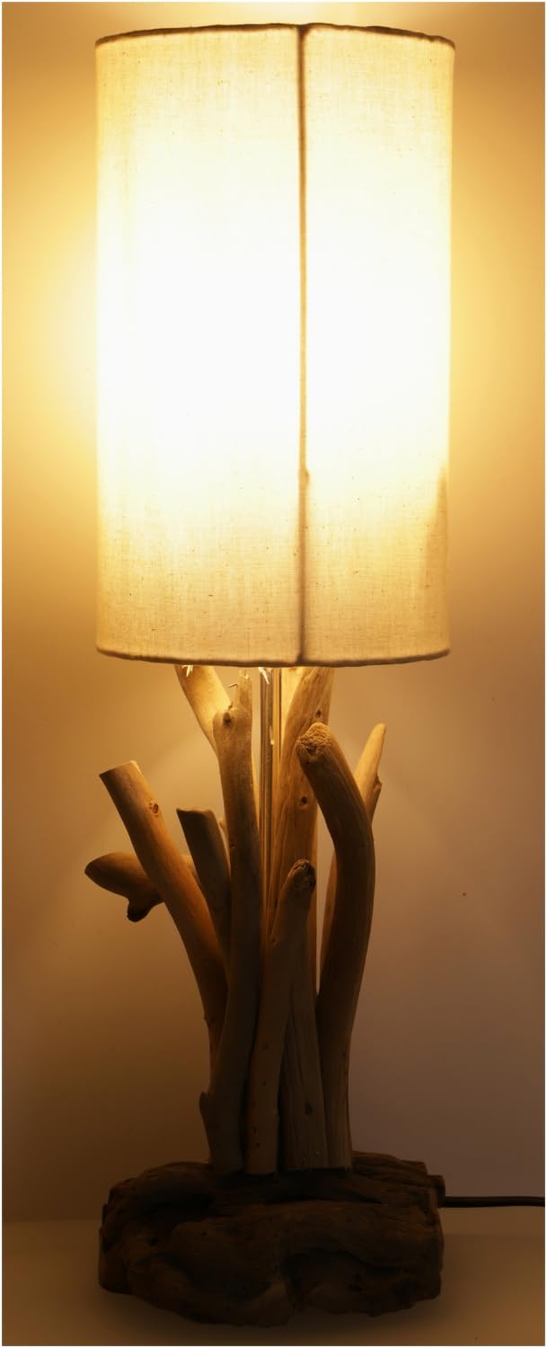 GURU SHOP Tischleuchte/Tischlampe, in Bali Handgemachtes Unikat aus Naturmaterial, Treibholz, Baumwolle - Modell Libra, 53x15x15 cm