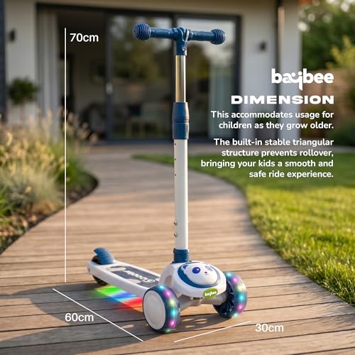 Image of Baybee Bambo Skate Scooter for Kids | 3 Wheel Kick Scooter with LED Wheels & Deck Lights with Music | 3 Height Adjustable Handle & Brake | Foldable Scooter for Kids 2 to 10 Years (Sky Blue)
