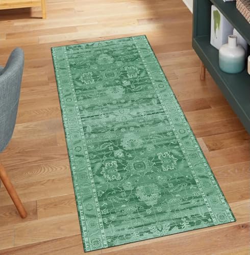 Alfombra de pasillo verde de 90 x 220 cm con base antideslizante lavable 2