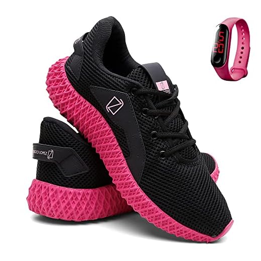 Tênis Feminino de Academia e Corrida Leve e Confortável + Relógio - Preto/Rosa - 36