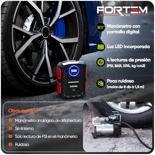 FORTEM Inflador de Ruedas de Coche, Compresor de Aire - Compresor de Aire Portátil para Ruedas de 12 V con Luz LED - Manómetro Digital, Autobombeo, Parada Automática - Bolsa de Transporte (Rojo) - imagen 6