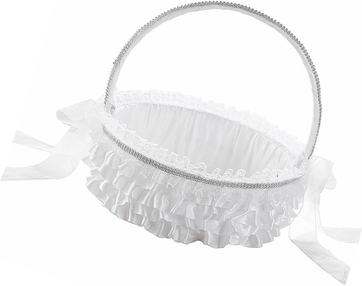 Rustic White Flower Girl Basket Small Lace Handheld Wedding Basket for Weddings Ceremony Decor Party Supplies