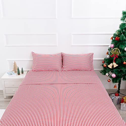 Image of Best Season Ticking Stripe Sheet Set,4 Piece Queen Size Microfiber Bedding,Burgundy Red and White Pinstripe Patterned,Deep Pocket