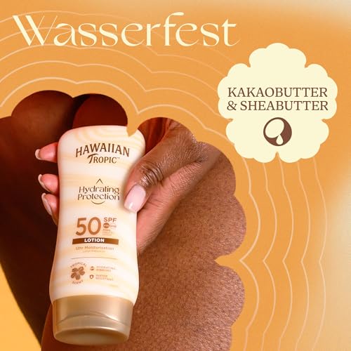 Hawaiian Tropic| Hydrating Protection Sonnenschutz mit LSF 50, UVA- und UVB-Schutz, 180 ml, 12 Stunden Feuchtigkeitsversorgung mit Kakao- und Sheabutter, wasserfest, vegan