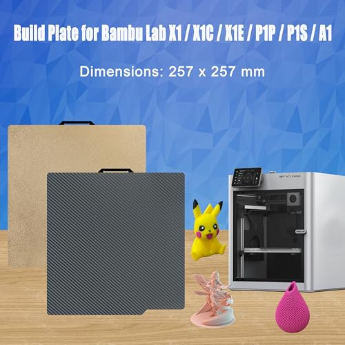 Image of 3D Printer PET PEI Build Plate for Bambu Lab X1 /X1C /X1E /P1P /P1S /A1, 257x257mm Smooth Carbon Fiber PET + Textured PEI Spring Steel Plate for Bambu Labs Series 3D Printers