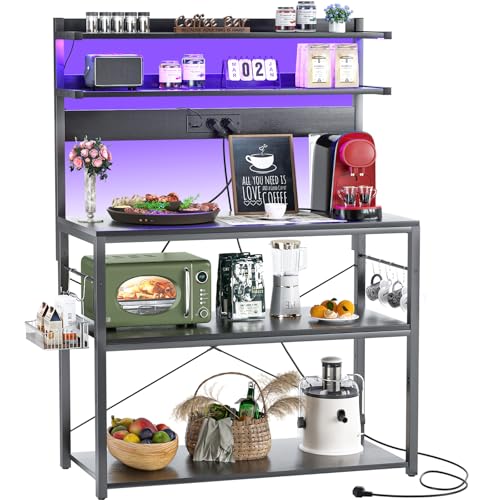 iSunirm Prateleira de cozinha com tomadas, organizador de cozinha com luzes LED, suporte para micro-ondas com 5 prateleiras 6 ganchos, 80 x 40 x 147 cm, preto